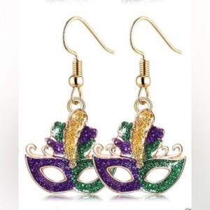 Mardi Gras Purple Green and Goldtone Mask Dangle Earrings - New